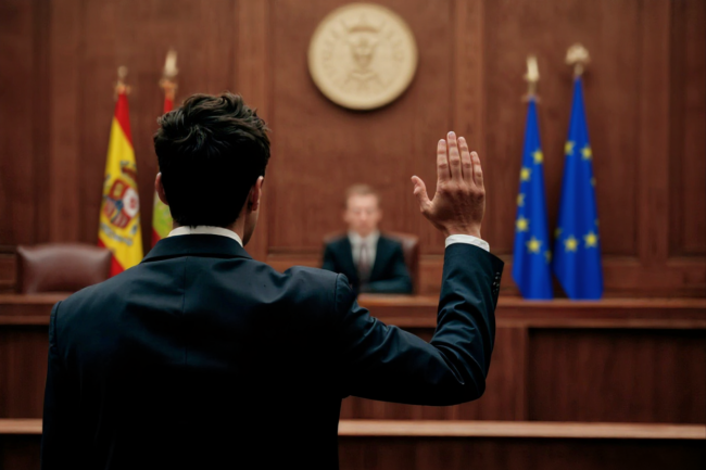 Hombre con traje prestando juramento en un tribunal, representando un proceso en la jurisdicción contencioso-administrativa por el cese de personal eventual.
