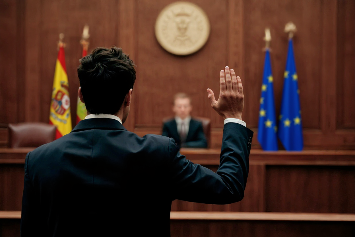 Hombre con traje prestando juramento en un tribunal, representando un proceso en la jurisdicción contencioso-administrativa por el cese de personal eventual.