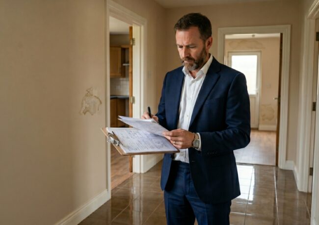 Perito de Pérez Moreno Abogados inspeccionando la documentación para una reclamación de responsabilidad patrimonial por inundación en una vivienda.